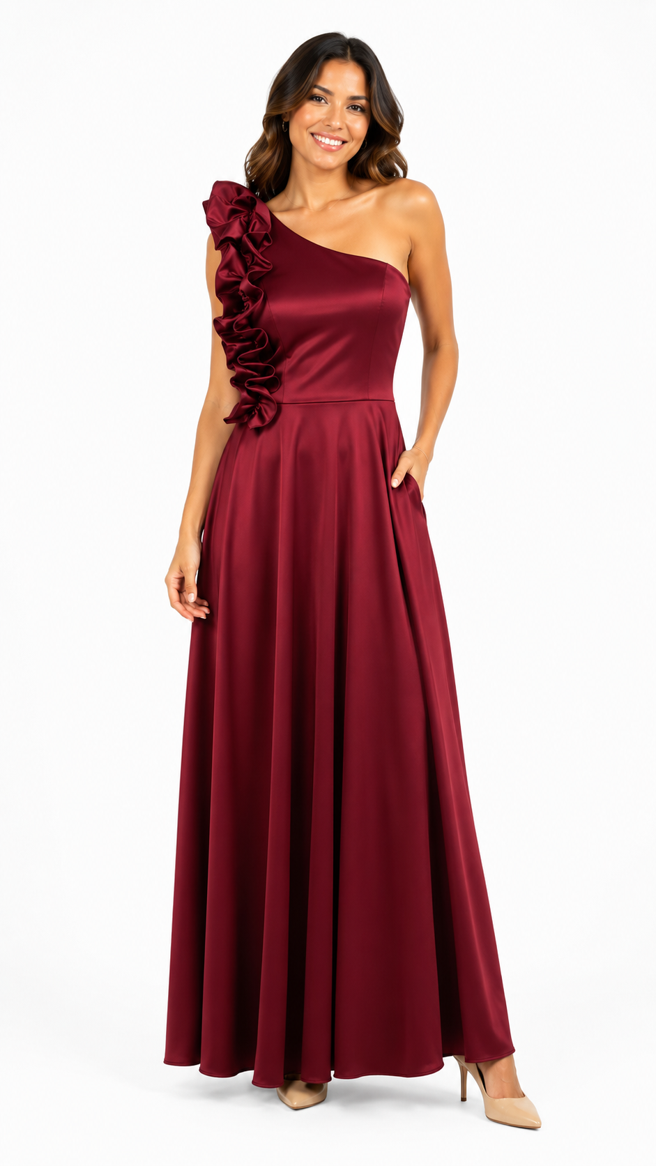 Arriendo asimétrico de vestido burdeo, amarre espalda largo