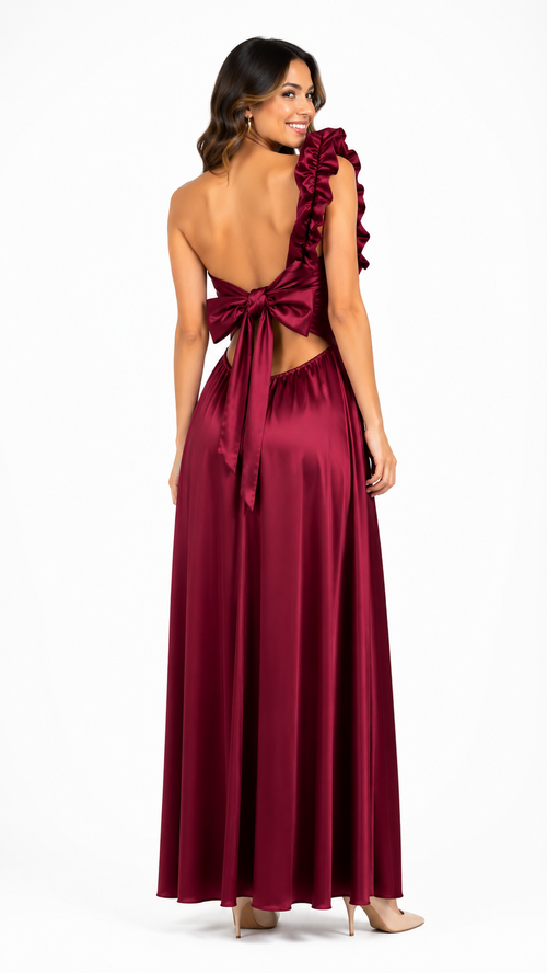 Arriendo asimétrico de vestido burdeo, amarre espalda largo