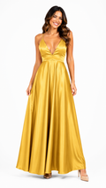 Vestido dorado cuello en V espalda cruzada Colección CDP largo