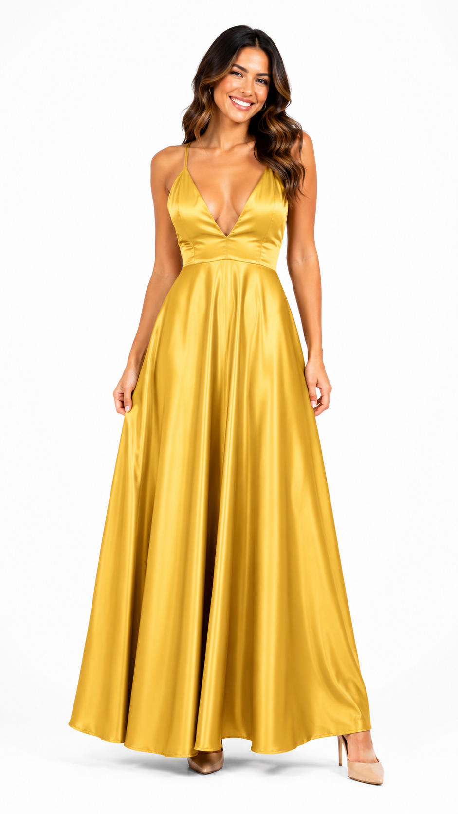 Vestido dorado cuello en V espalda cruzada Colección CDP largo