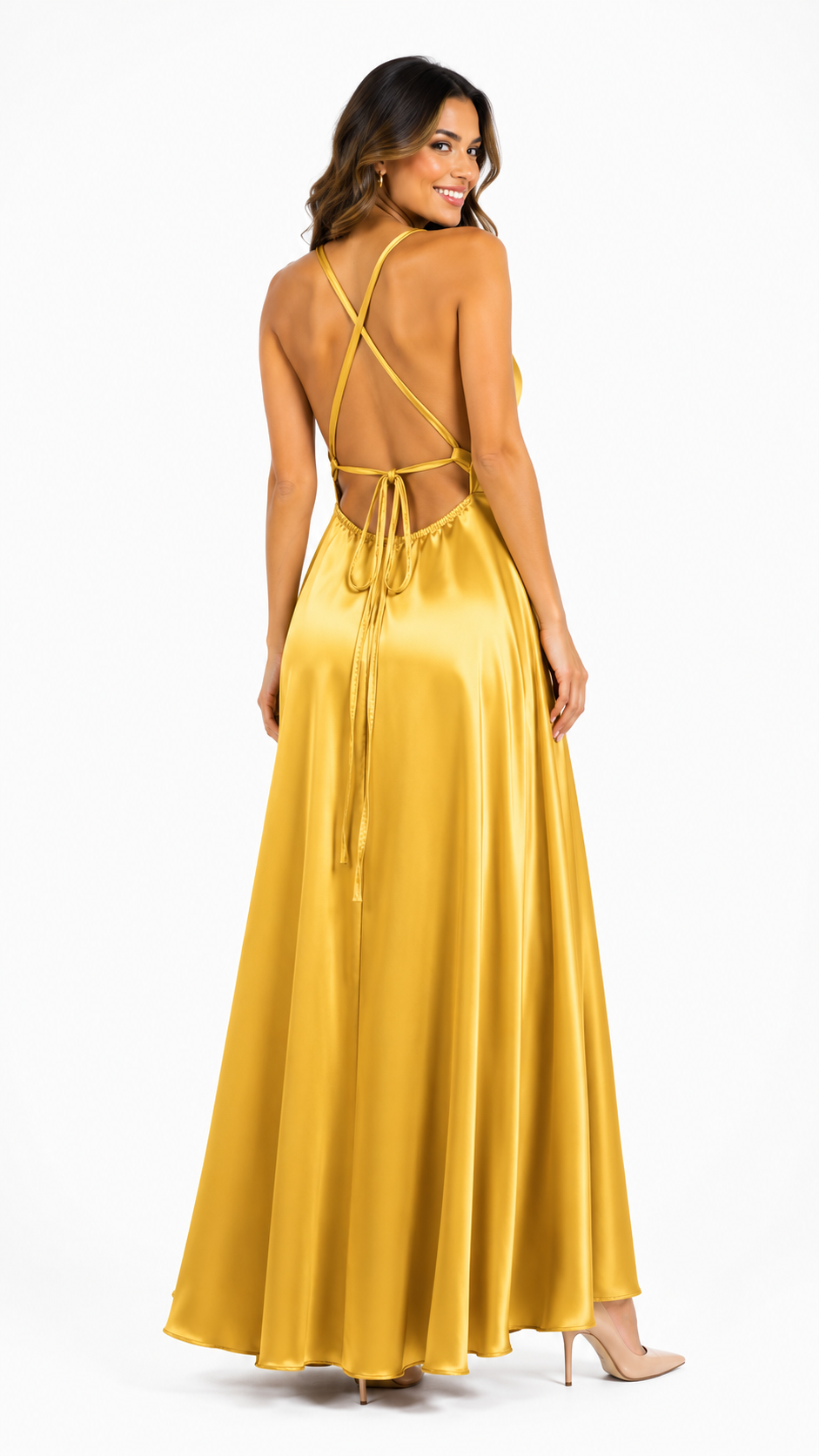 Vestido dorado cuello en V espalda cruzada Colección CDP largo