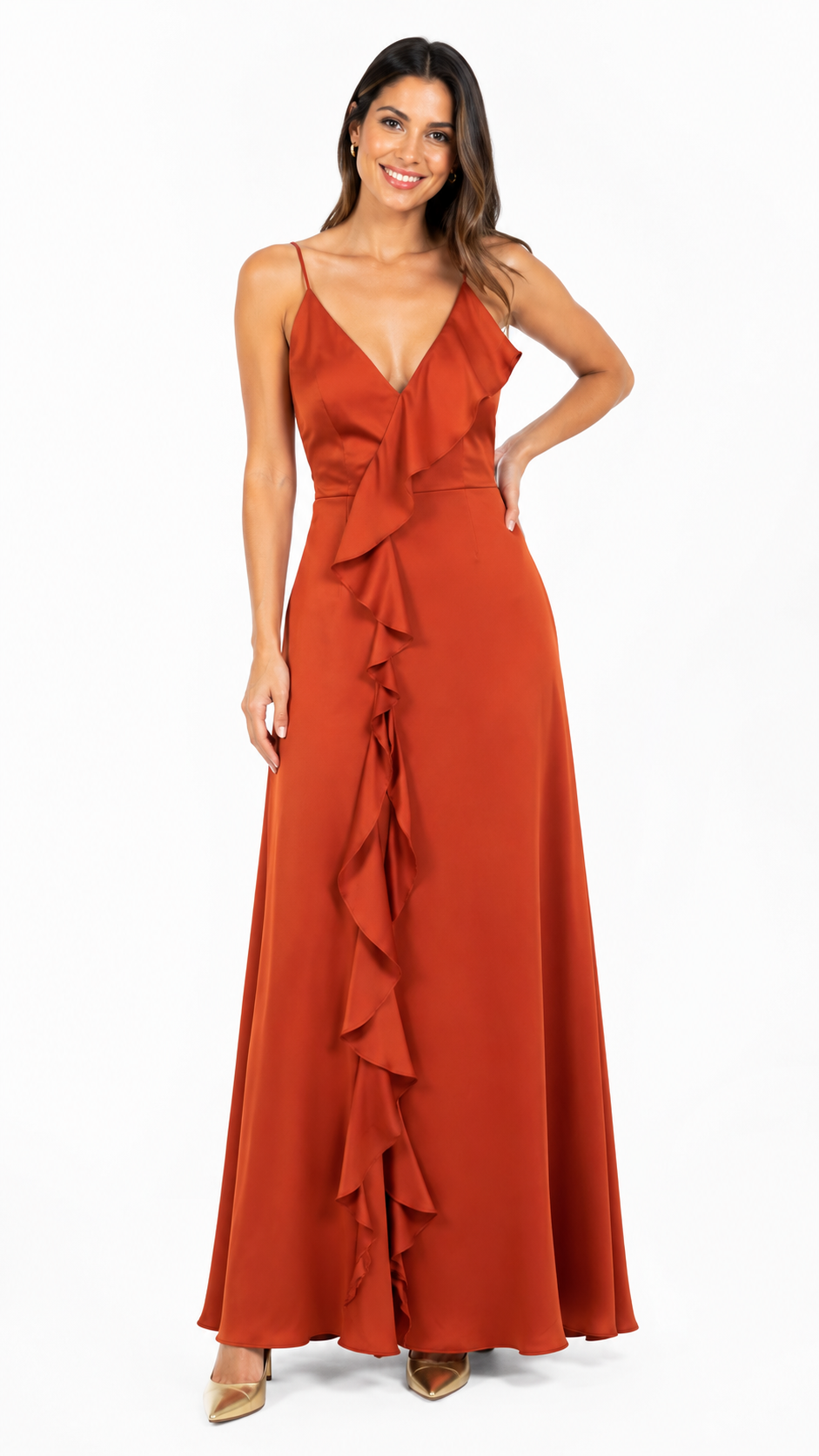 Arriendo de vestido terracota marca Debut largo