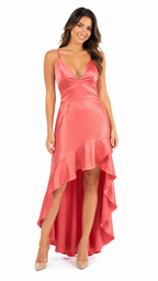 Vestido coral escote en V y espalda descubierta largo