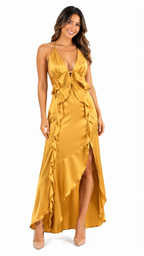 Vestido largo dorado con vuelos largo