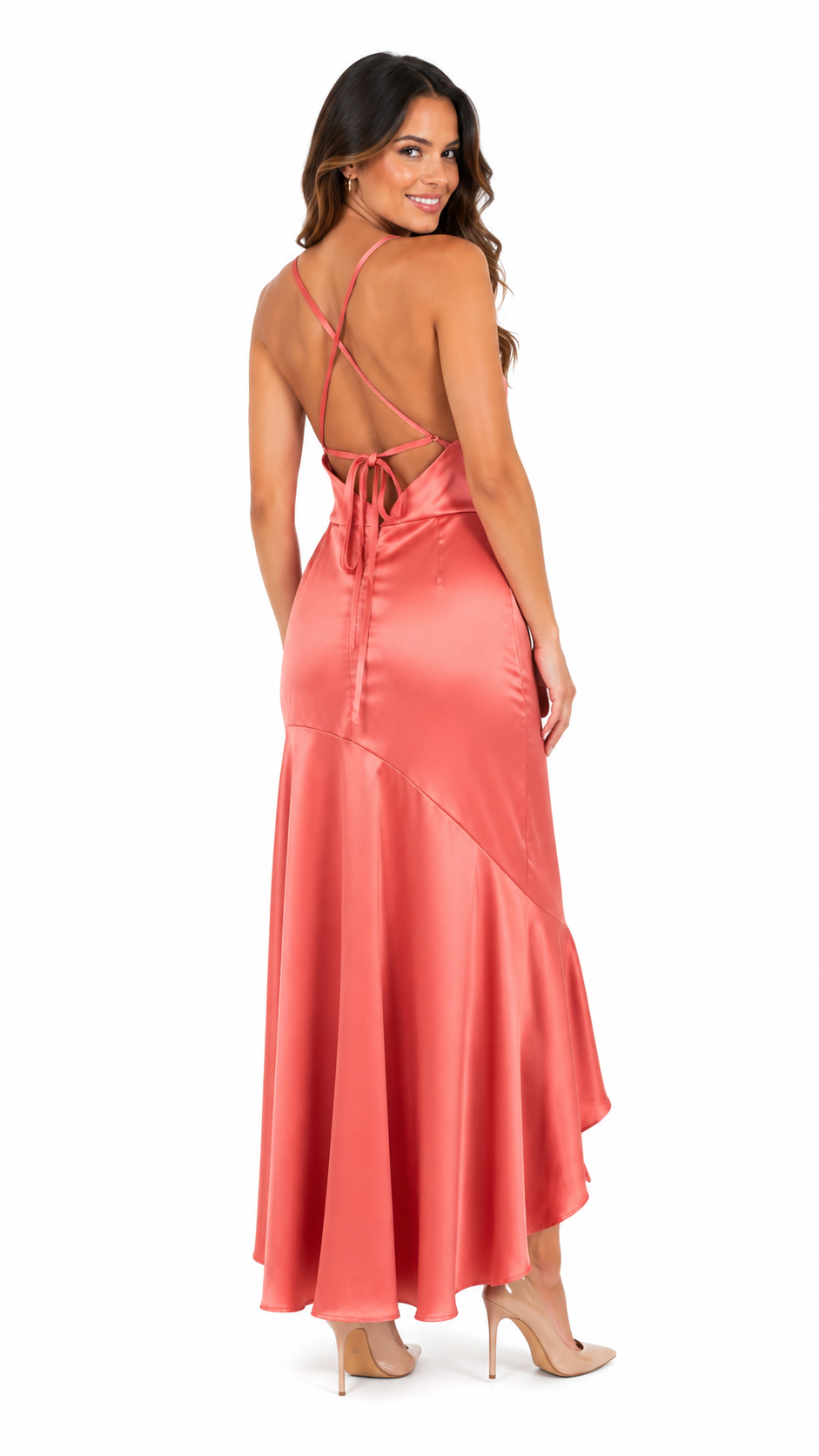 Vestido coral escote en V y espalda descubierta largo