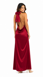 Vestido de seda burdeo cuello halter largo
