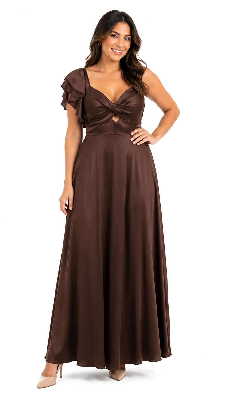 Arriendo de vestido café chocolate elasticado largo