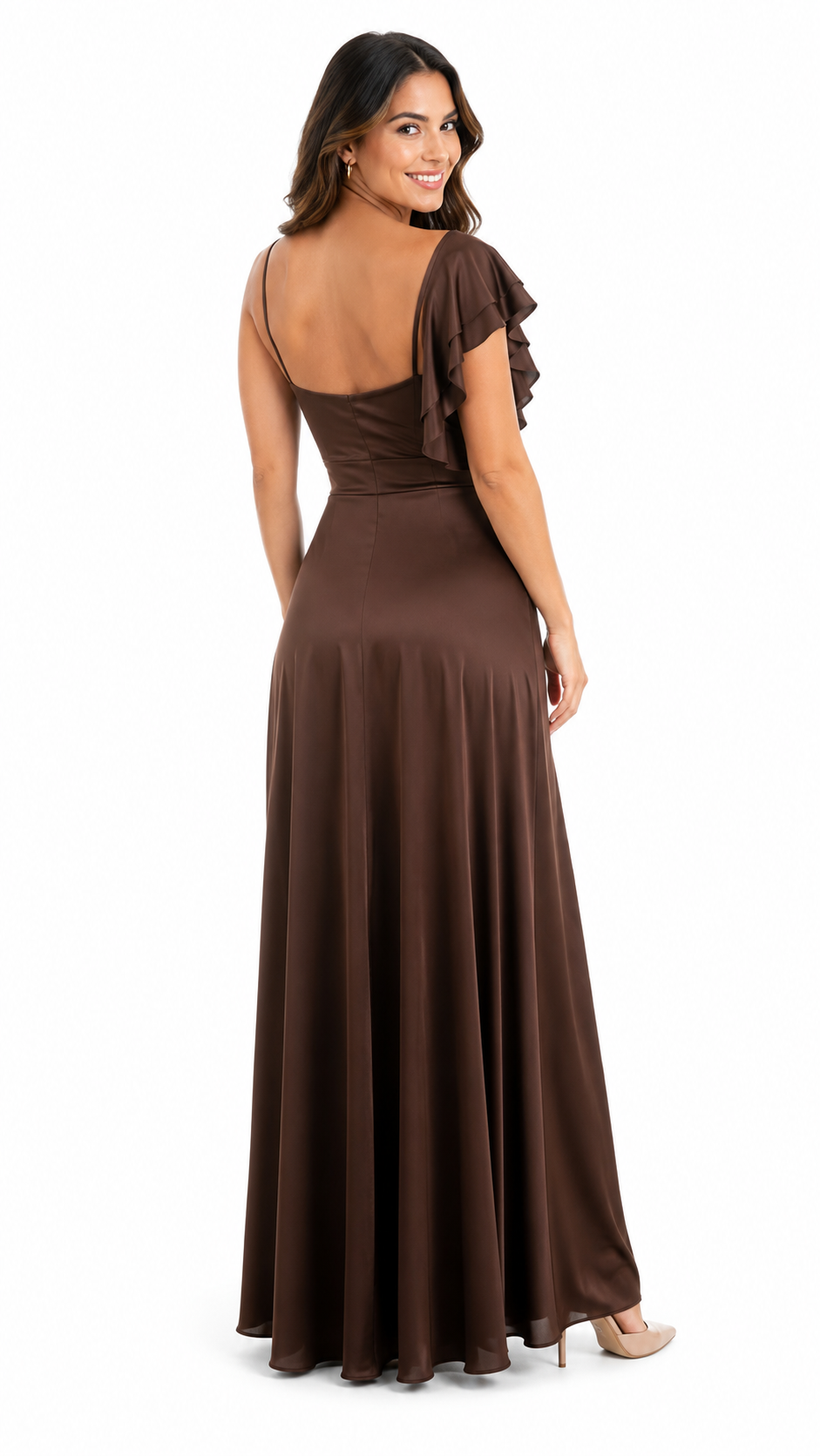 Arriendo de vestido café chocolate elasticado largo