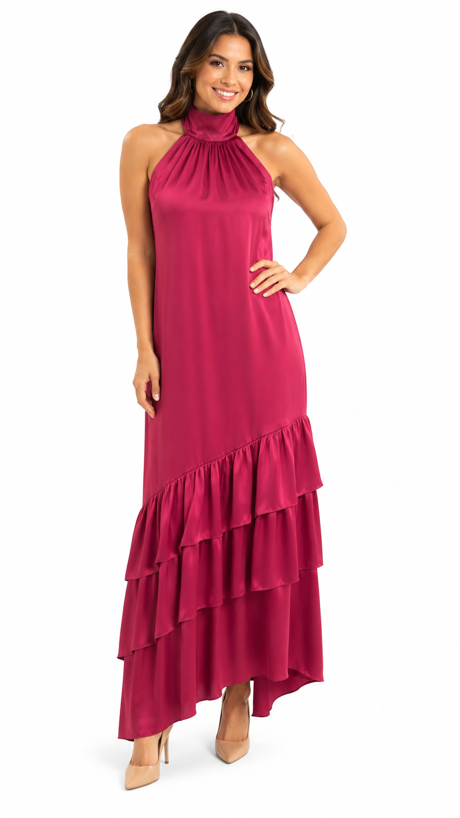 Arriendo de Vestido largo halter burdeo con flecos abajo español