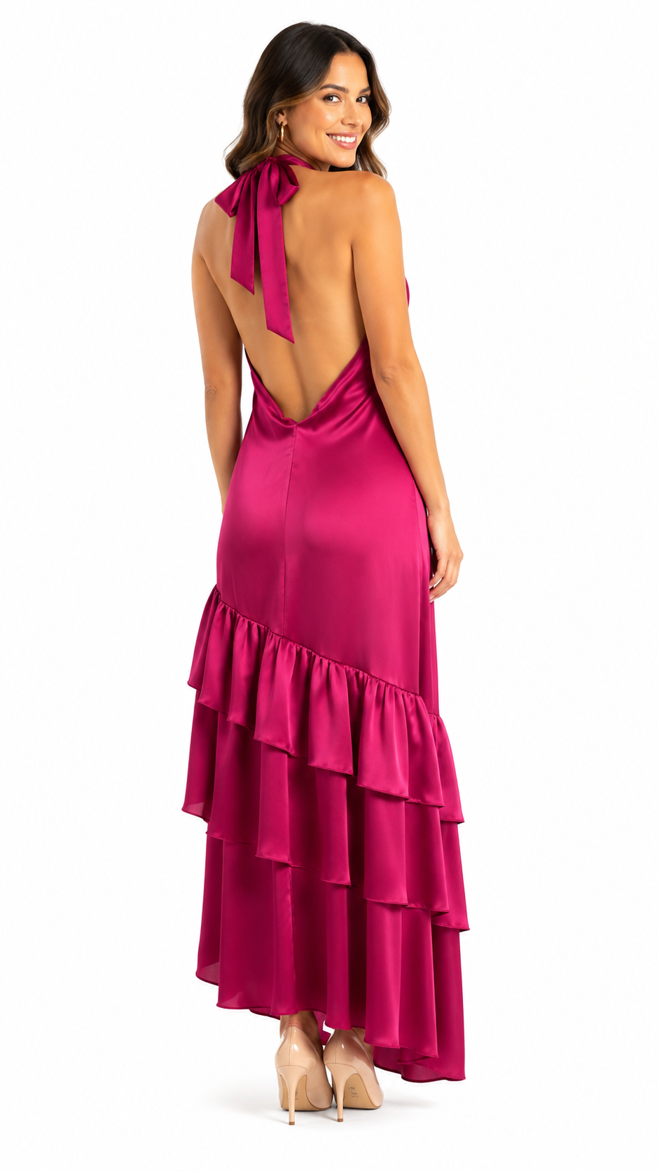 Arriendo de Vestido largo halter burdeo con flecos abajo español
