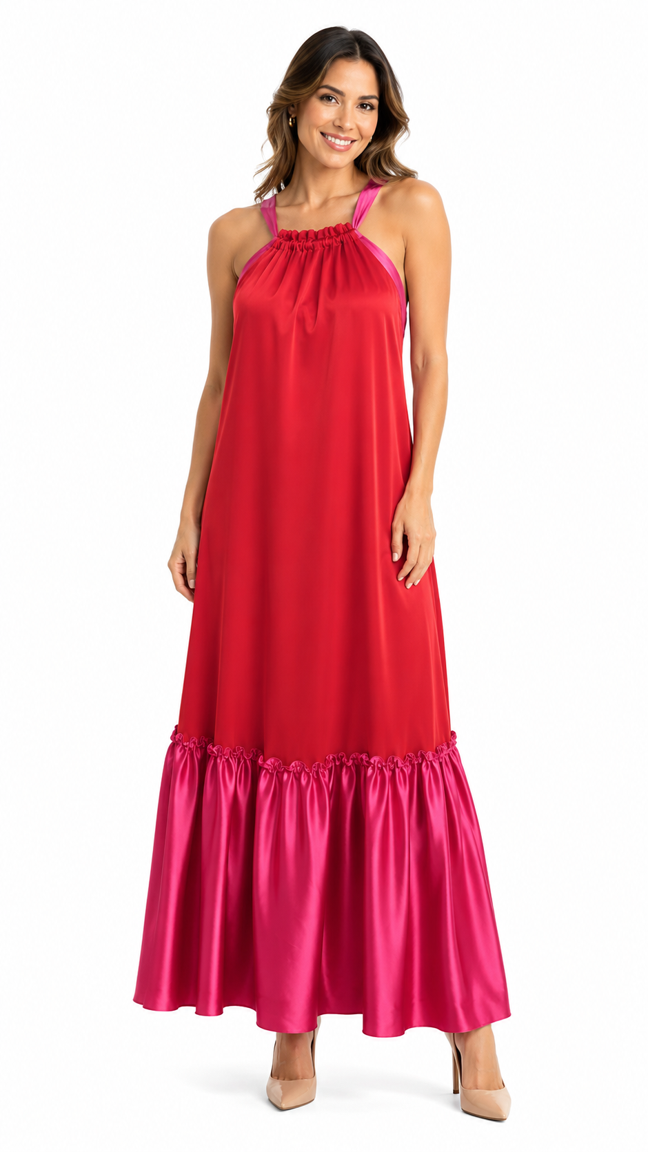 Arriendo de vestido rojo con fucsia largo