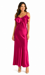 Arriendo de vestido fucsia largo seda