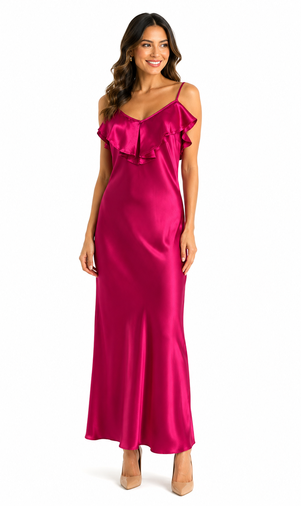 Arriendo de vestido fucsia largo seda