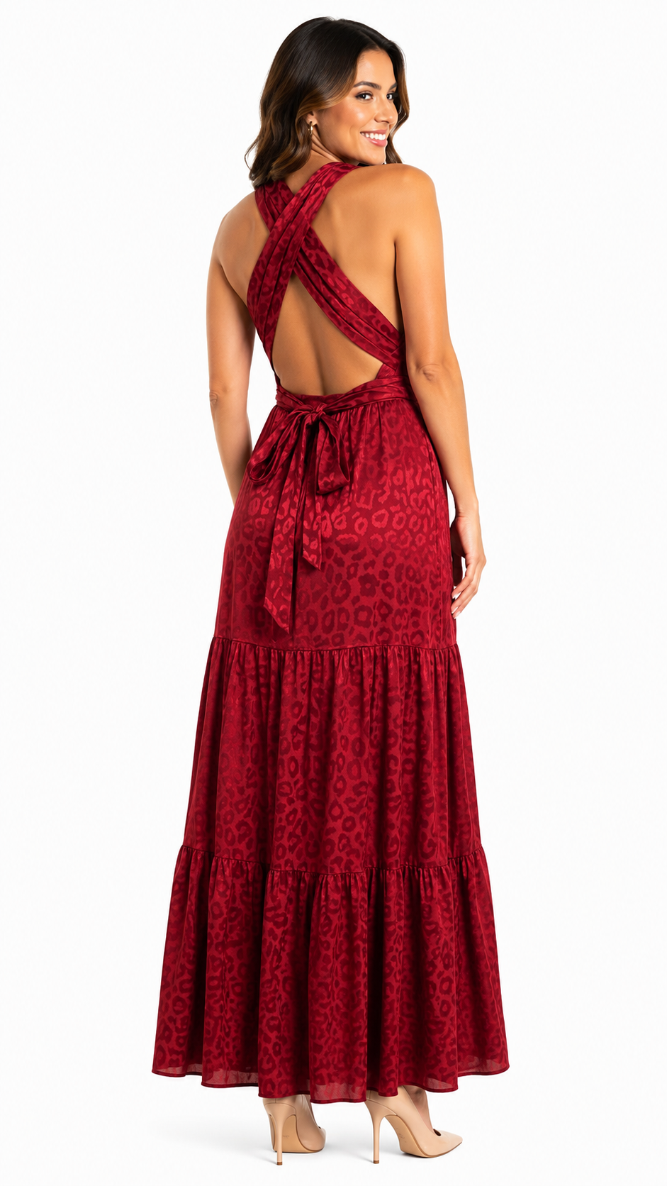 Arriendo de vestido burdeo animal print largo
