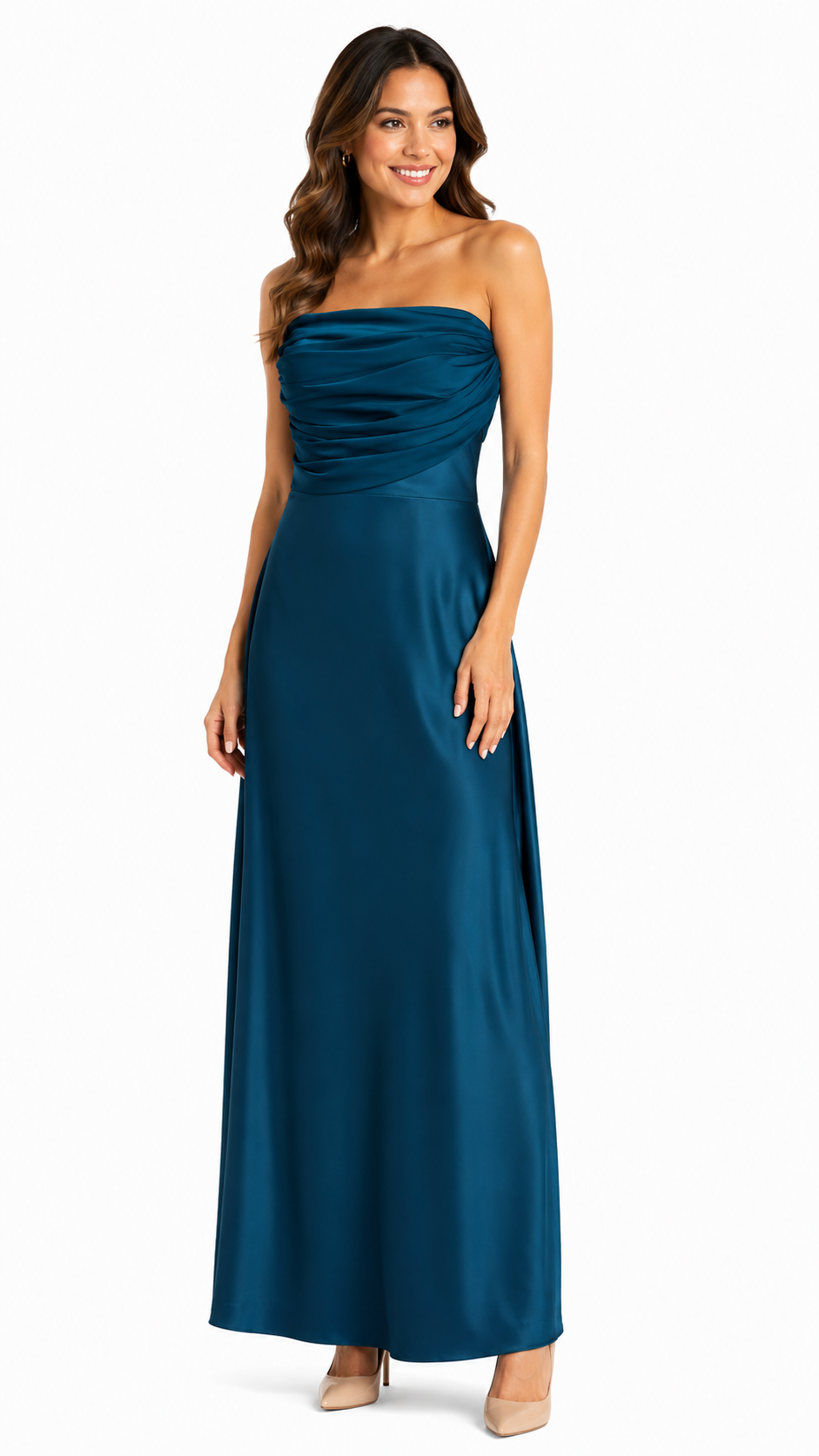 Arriendo de vestido largo petroleo strapless con gasa