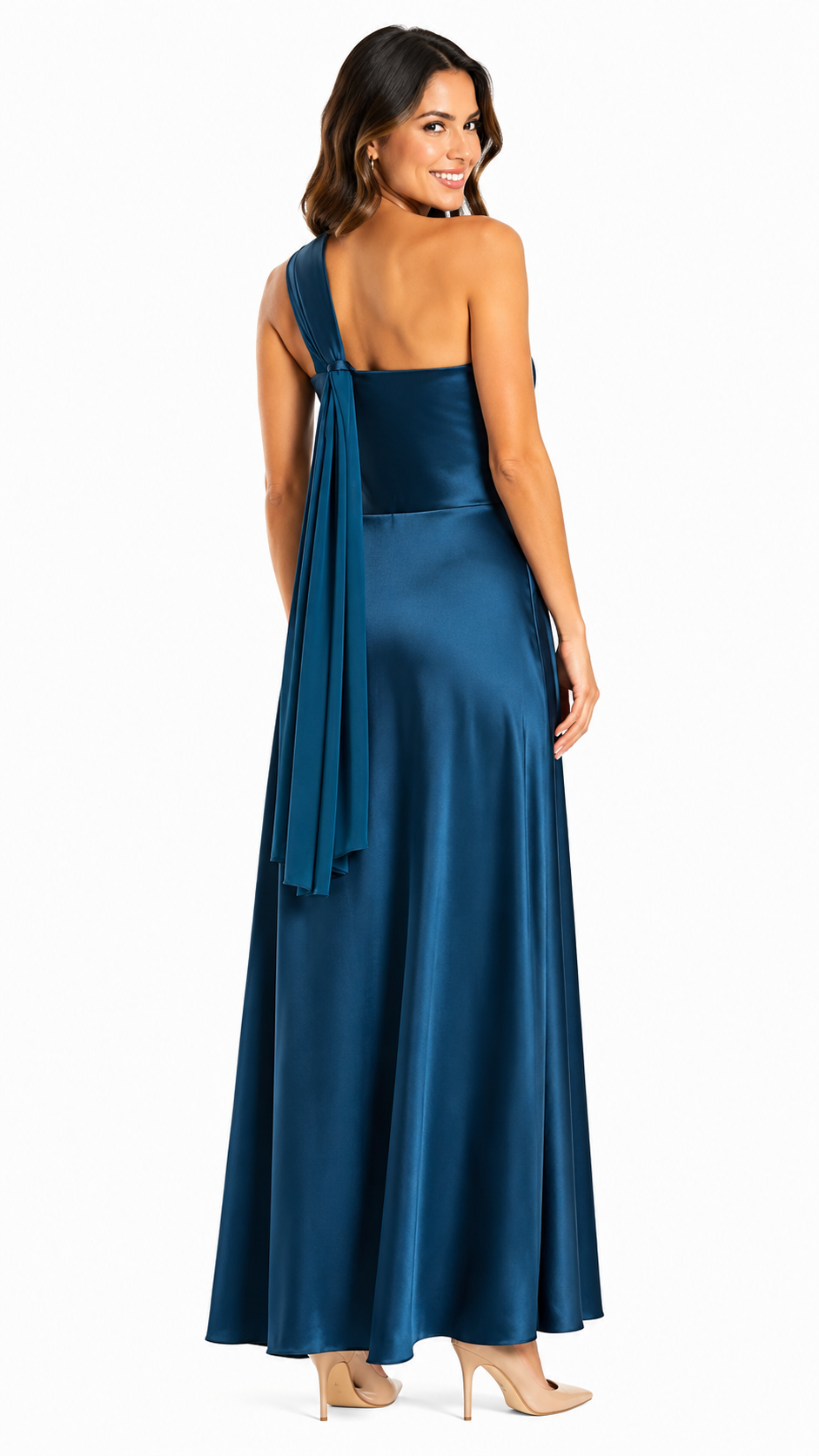 Arriendo de vestido largo petroleo strapless con gasa