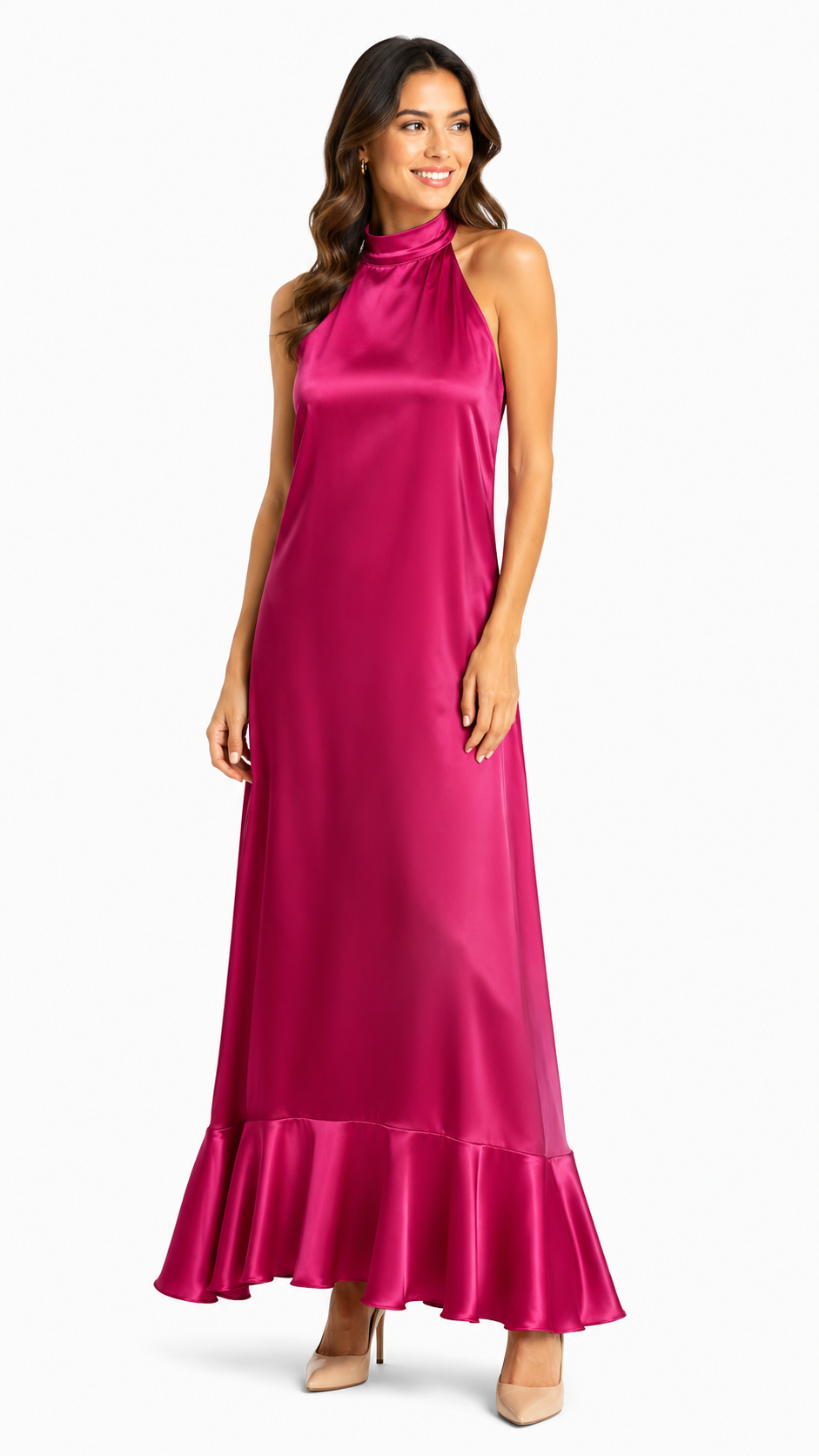 Arriendo de Vestido largo fucsia halter seda