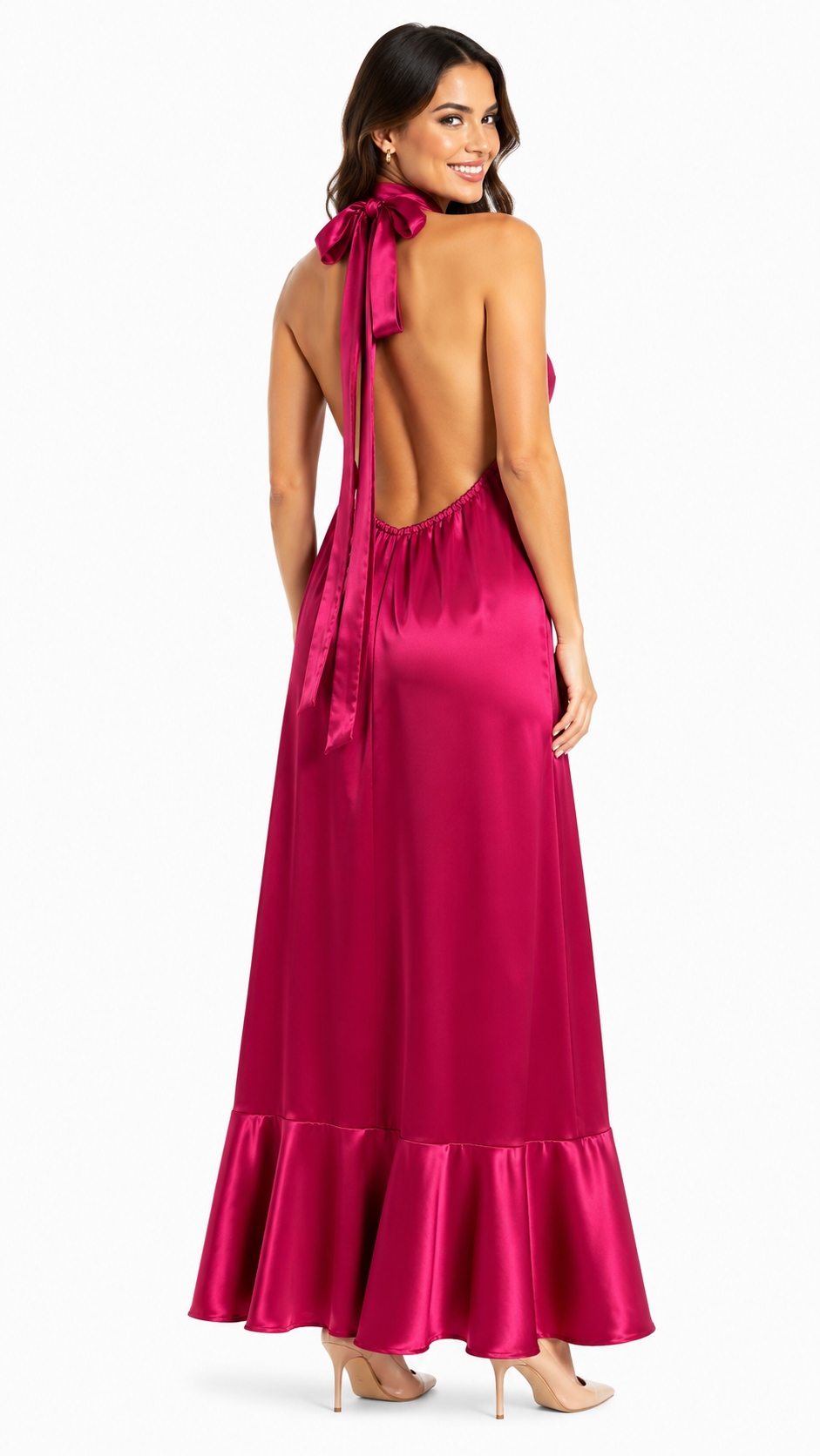 Arriendo de Vestido largo fucsia halter seda