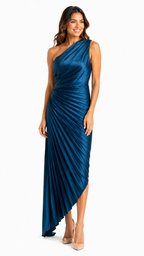 Vestido largo azul petroleo plizado