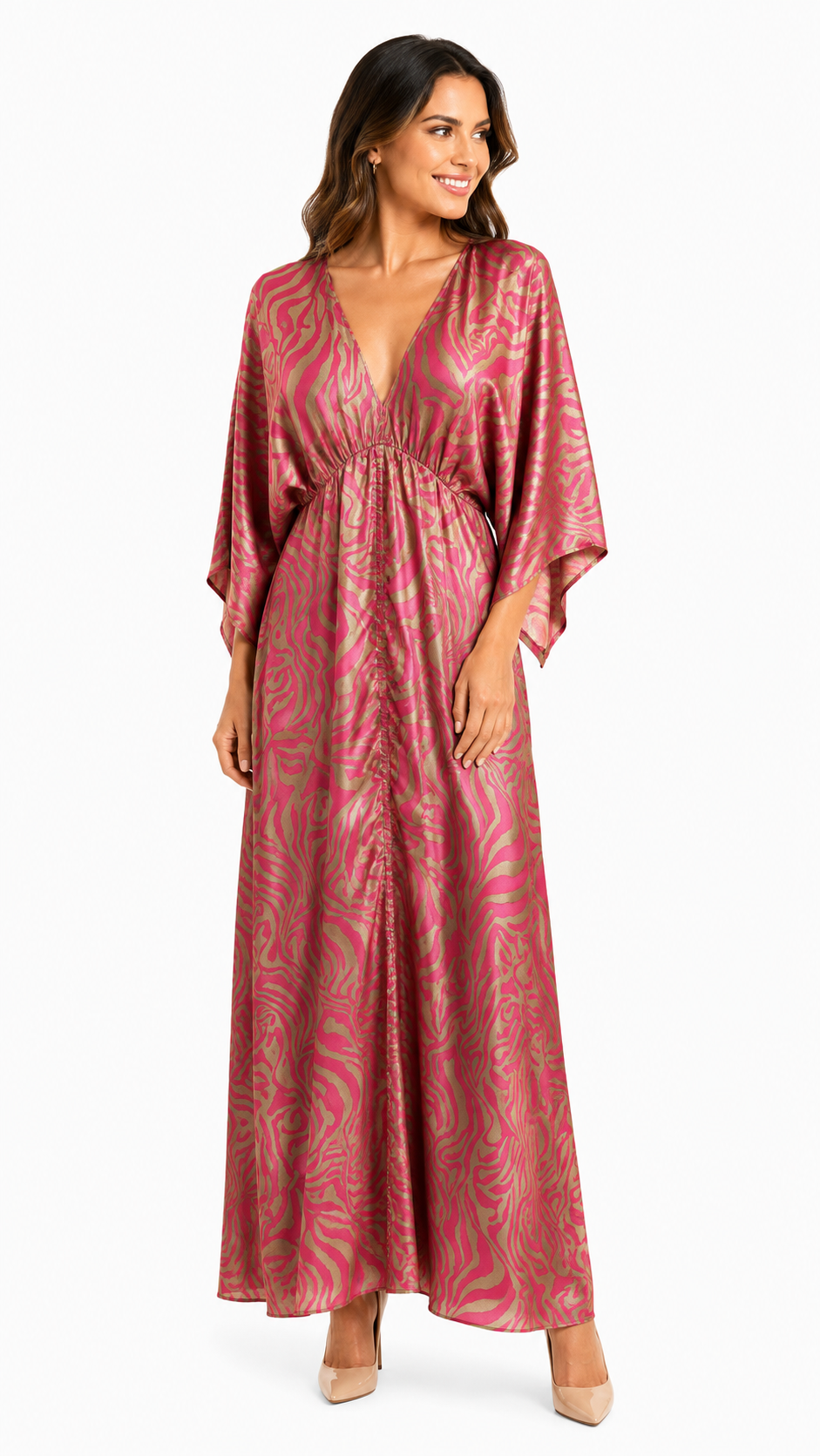 Arriendo de vestido largo estampado con mangas