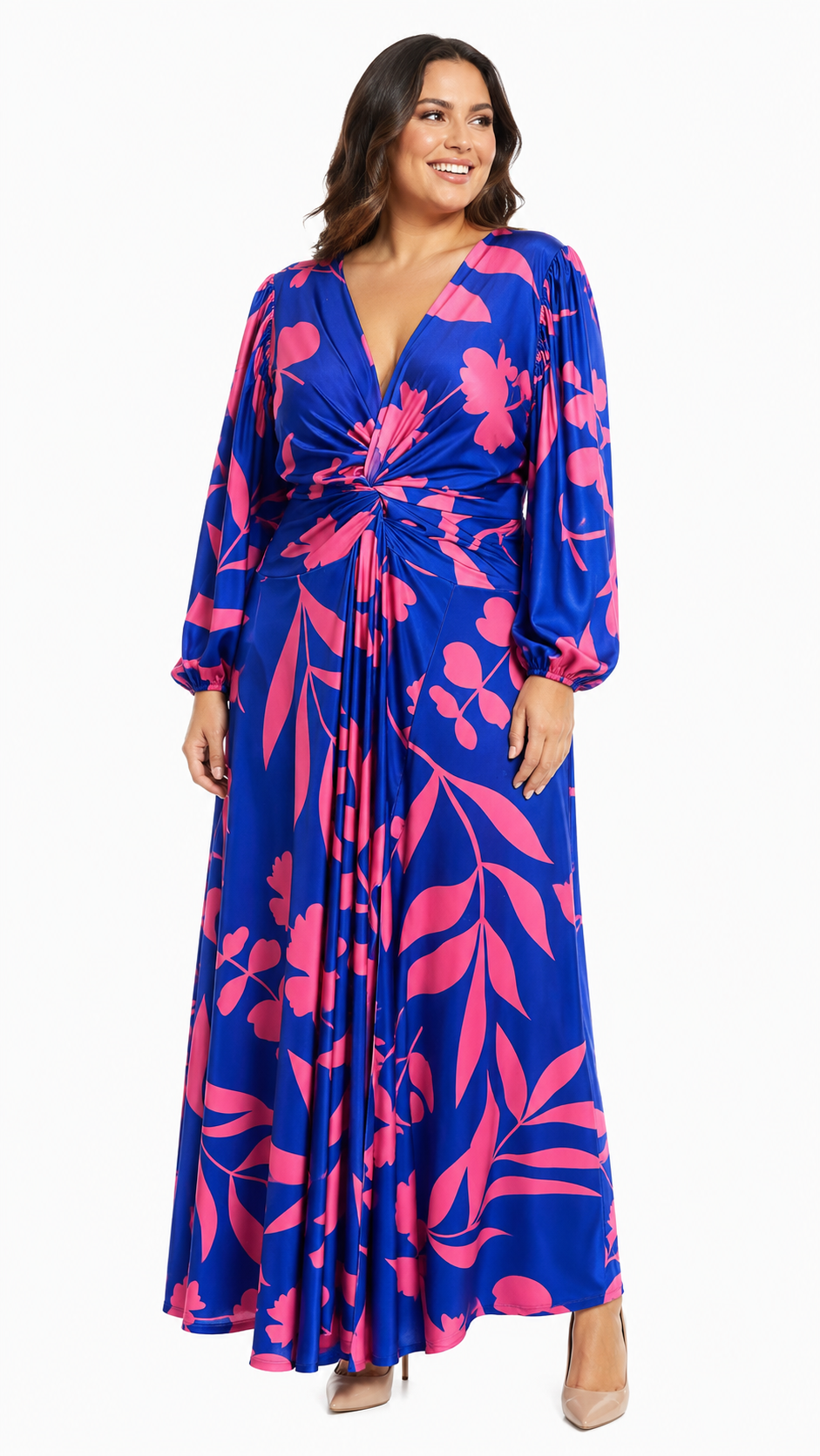 Arriendo de vestido XL- XXL largo estampado azul con fucsia