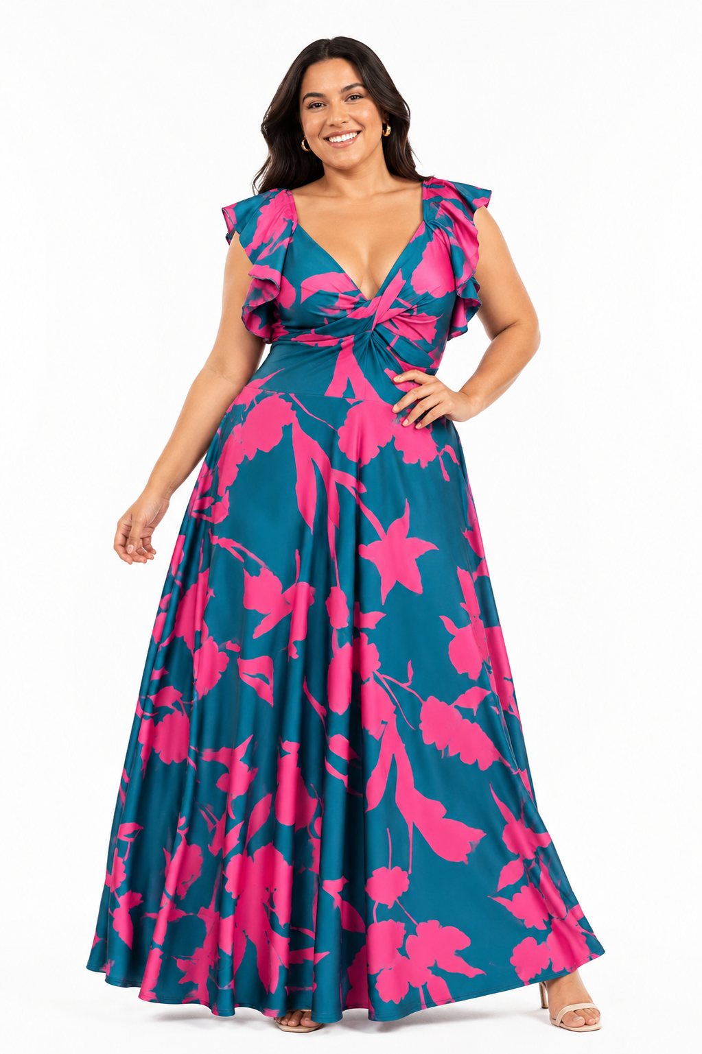 Vestido largo fucsia con petroleo estampado