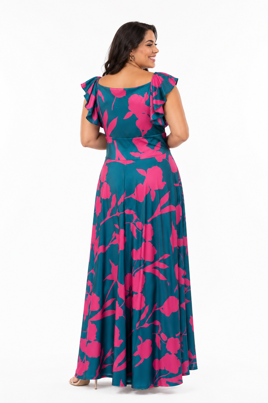 Vestido largo fucsia con petroleo estampado