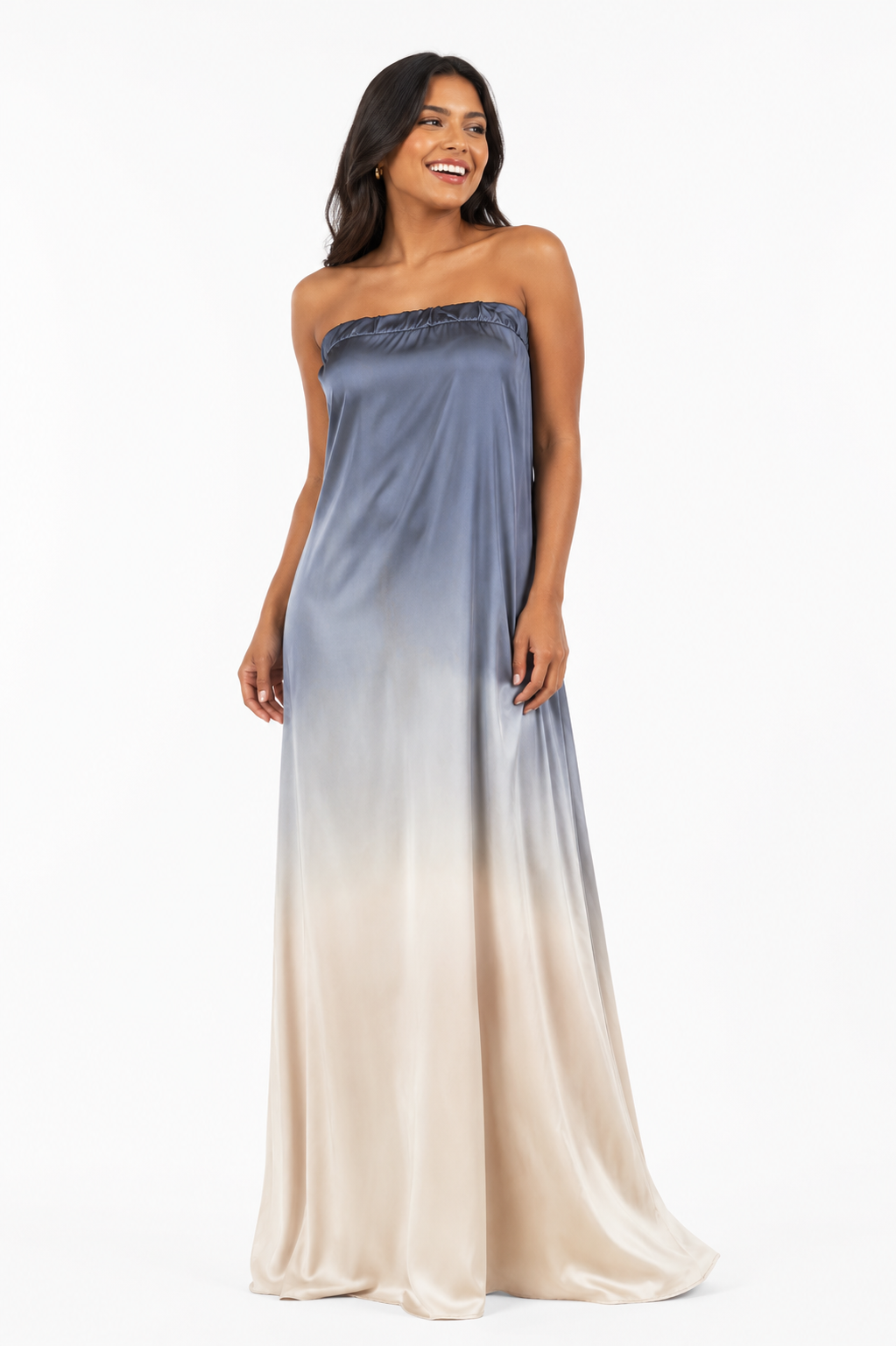 Arriendo de vestido largo degrade seda natural teñido a mano