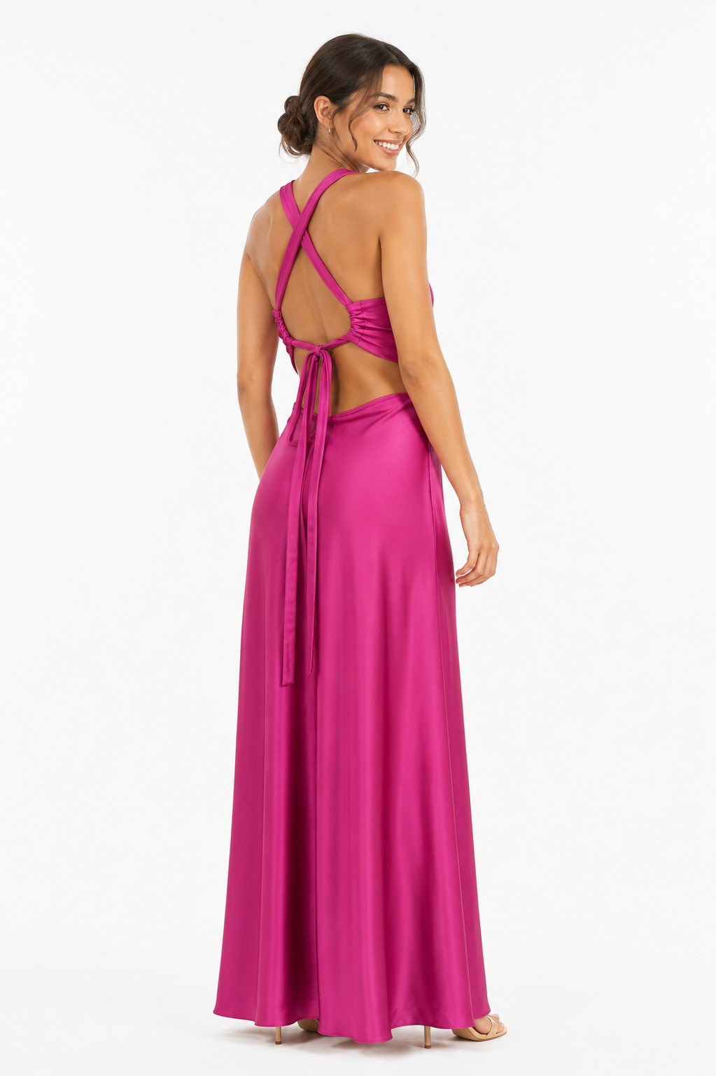 Arriendo de Vestido fucsia cut out largo