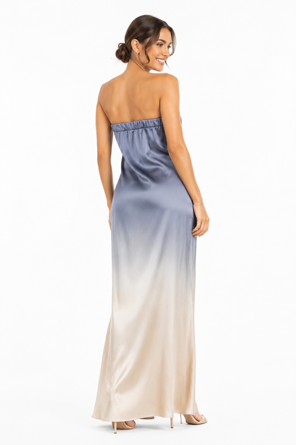 Arriendo de vestido largo degrade seda natural teñido a mano