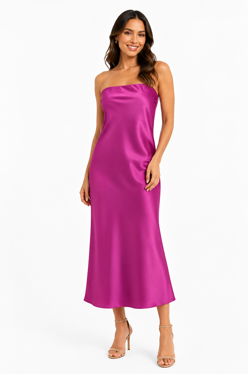 Arriendo vestido largo fucsia strapless middie amarre atras