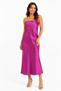 Arriendo vestido largo fucsia strapless middie amarre atras