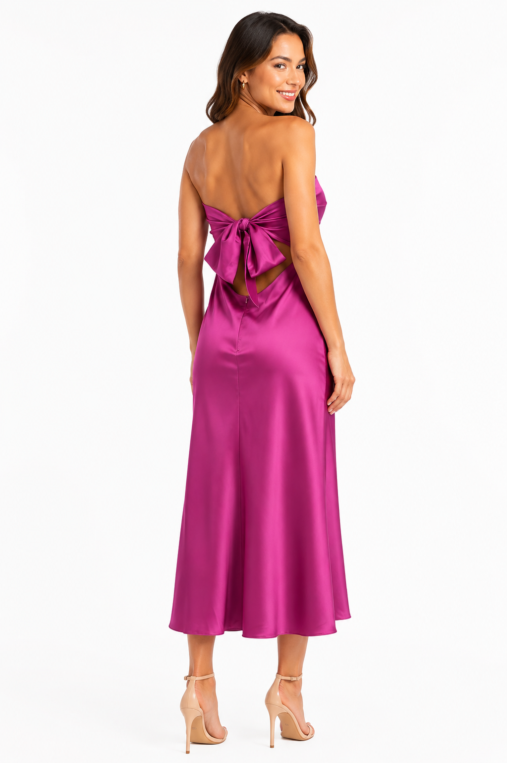 Arriendo vestido largo fucsia strapless middie amarre atras
