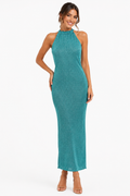 Arriendo de vestido tejido celeste con brillos largo