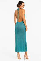 Arriendo de vestido tejido celeste con brillos largo