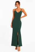 Arriendo de vestido verde escote V y tajo largo