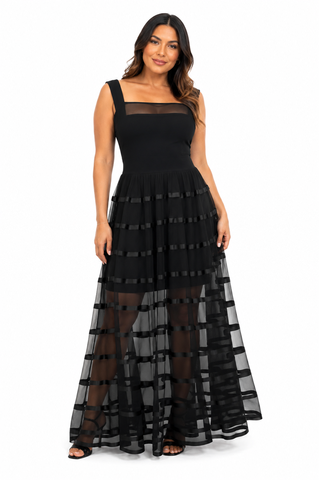 Arriendo de vestido negro con transparencia Vera Wang largo