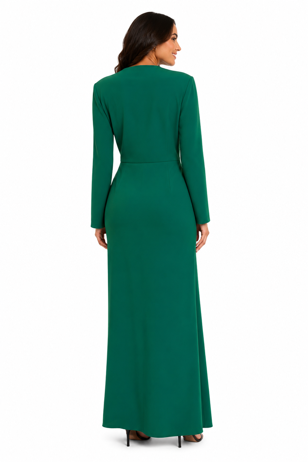 Arriendo de vestido verde largo con tajo y mangas Lady Pipa España