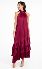Arriendo de vestido largo halter burdeo con flecos