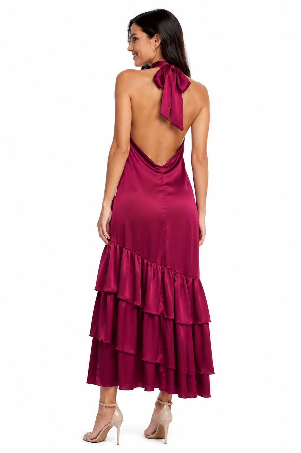 Arriendo de vestido largo halter burdeo con flecos