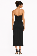 Arriendo de vestido negro gasa con escote largo y nudo