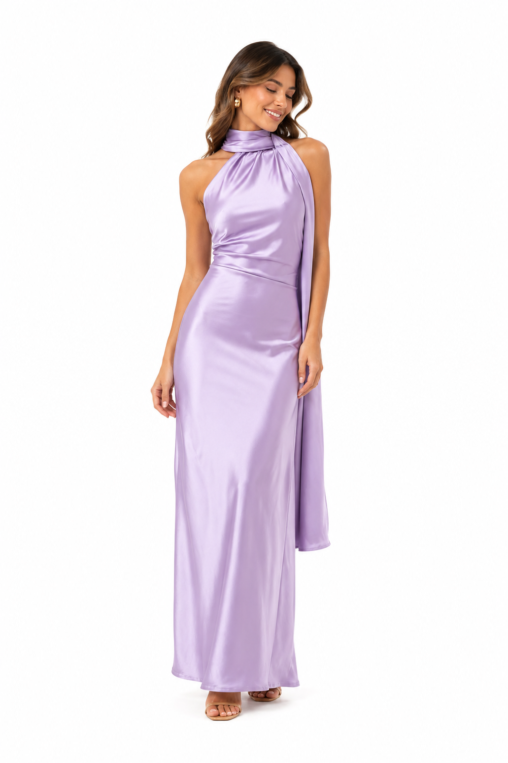Vestido largo lycra lila con tira al cuello elasticado