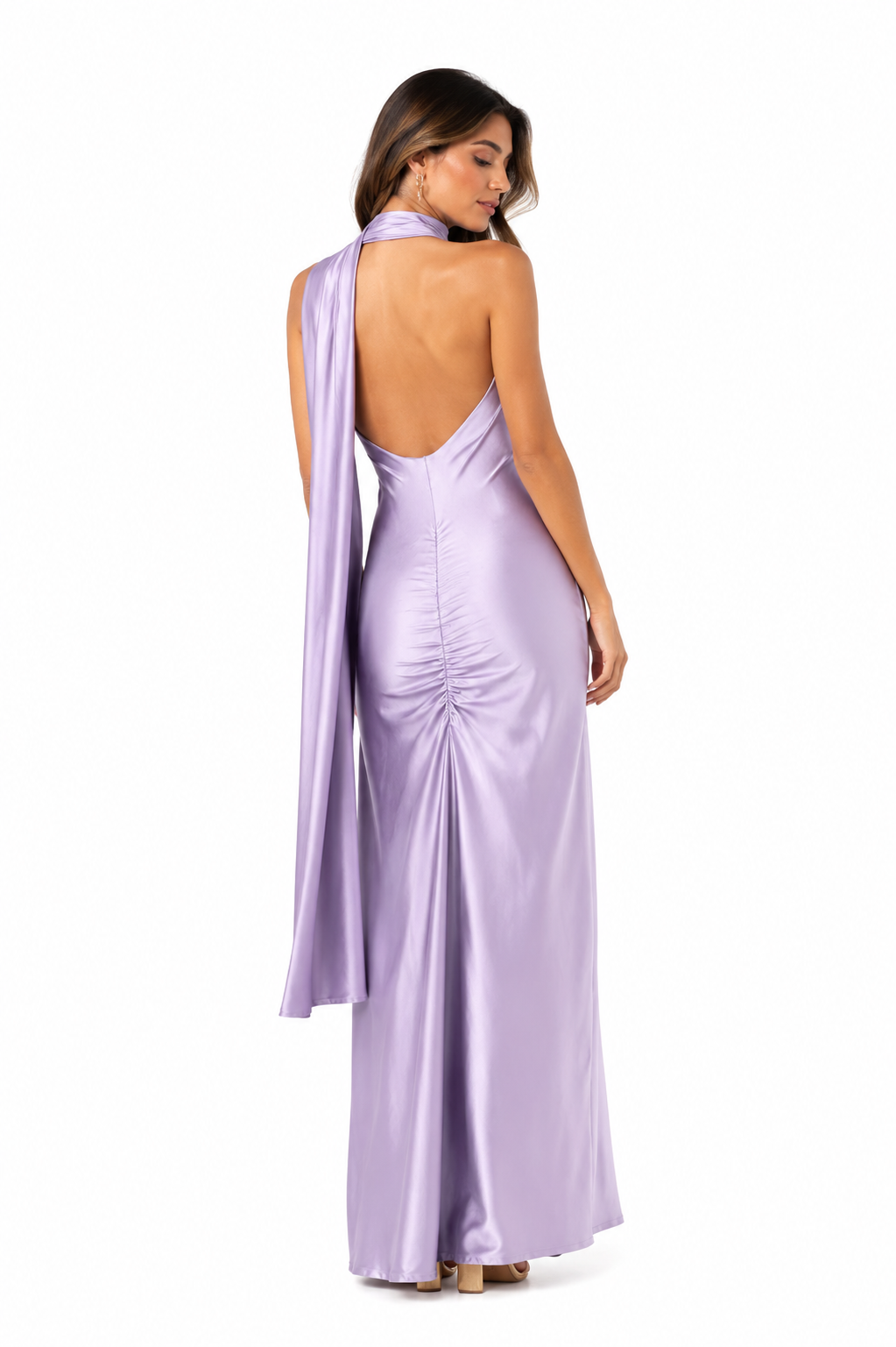 Vestido largo lycra lila con tira al cuello elasticado