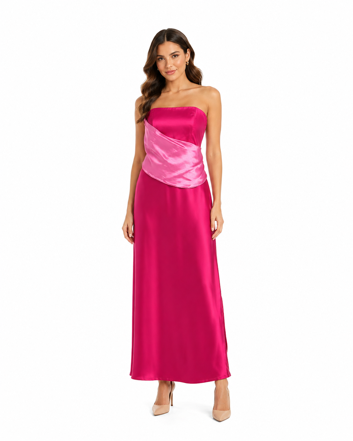 Arriendo de vestido largo de seda colección Chic Dress Project fucisa strapless