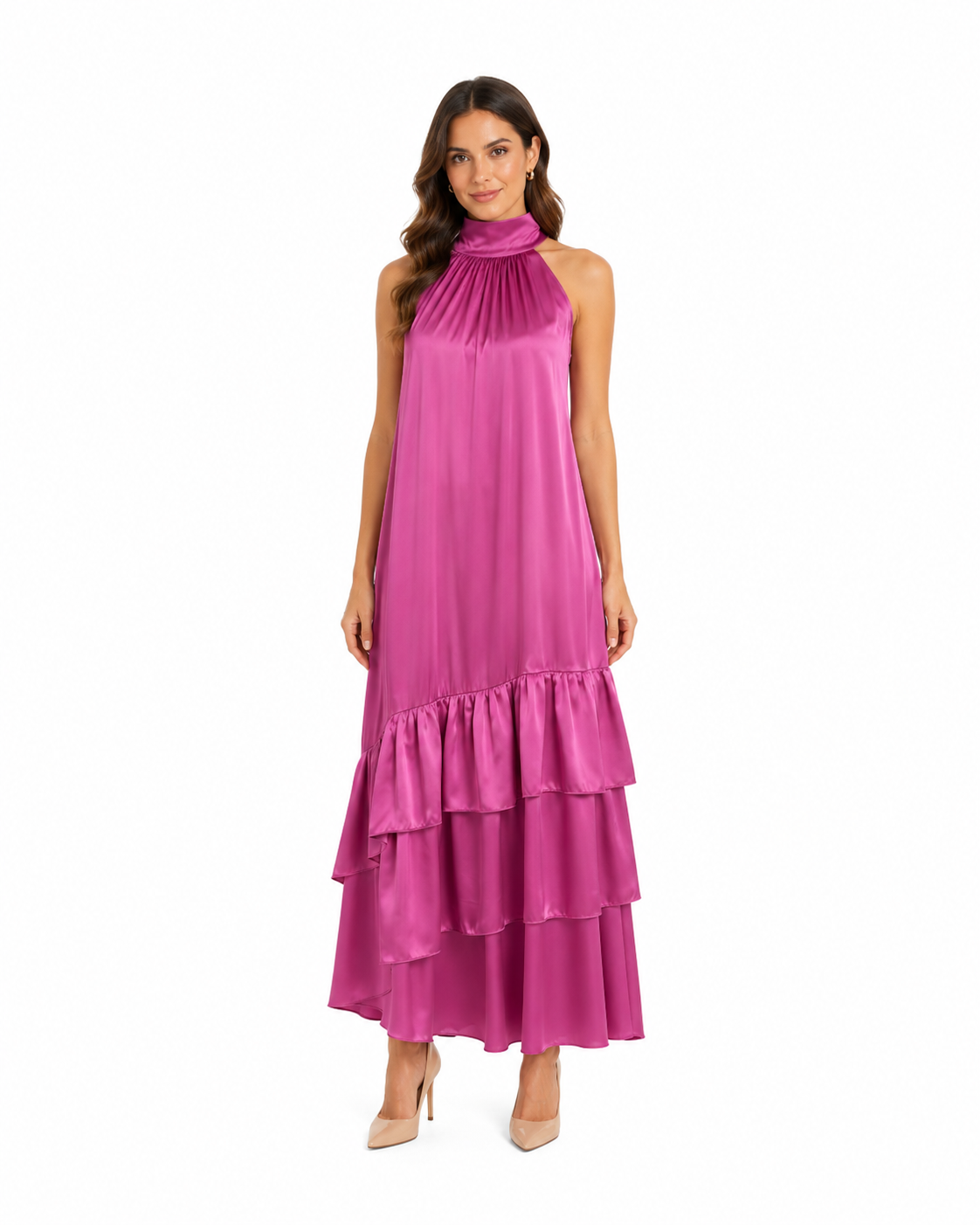 Arriendo de vestido largo cuello halter español con vuelos de seda