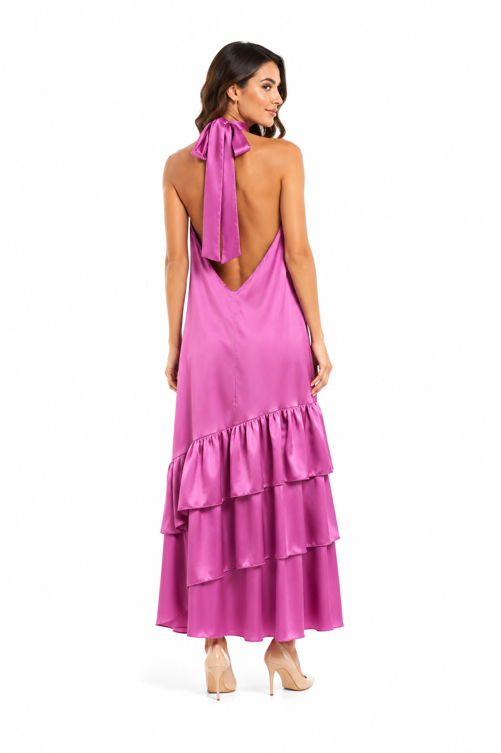 Arriendo de vestido largo cuello halter español con vuelos de seda
