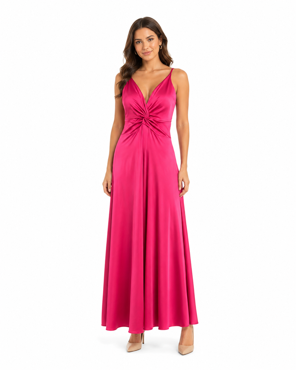 Arriendo de vestido largo de lycra con nudo color fucsia