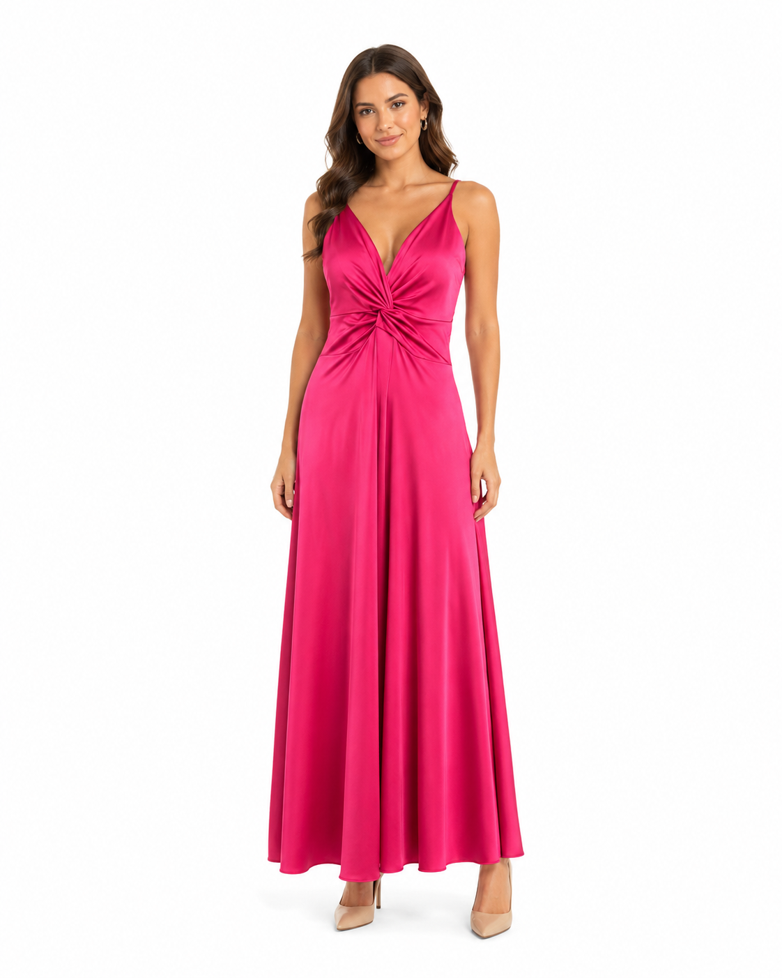 Arriendo de vestido largo de lycra con nudo color fucsia