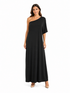Arriendo de vestido largo negro algodón asimétrico hombro descubierto