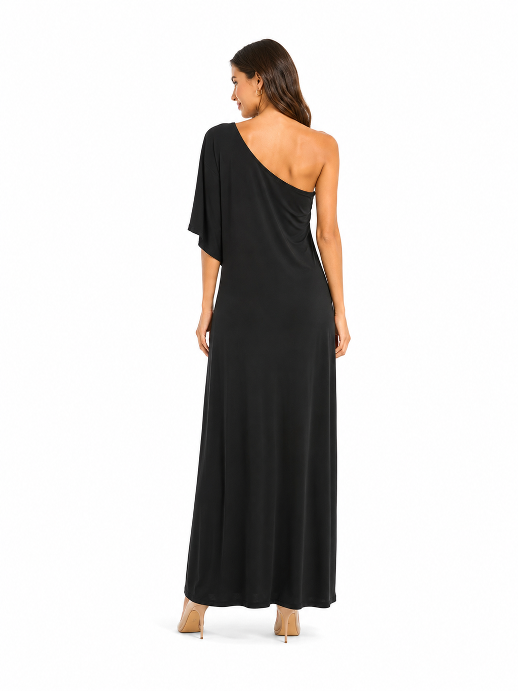 Arriendo de vestido largo negro algodón asimétrico hombro descubierto